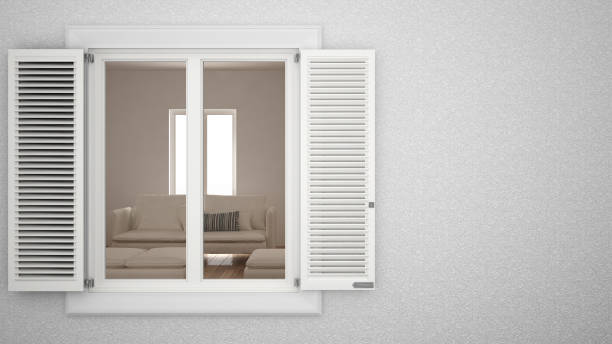 istock Exterior plaster wall with white window with shutters, showing interior living room, blank background with copy space, architecture design concept idea, mockup template 1154426459