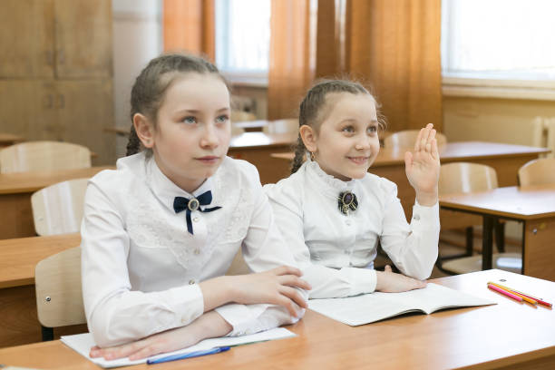 istock Children sit in school, one raises his hand. 1154427033