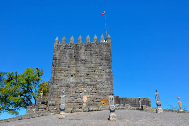 Portugal - Lanhoso Castle , built between 1071 and 1093 at the top of the largest granite monolith of the Iberian Peninsula, Povoa do Lanhoso, Braga District. May, 2019