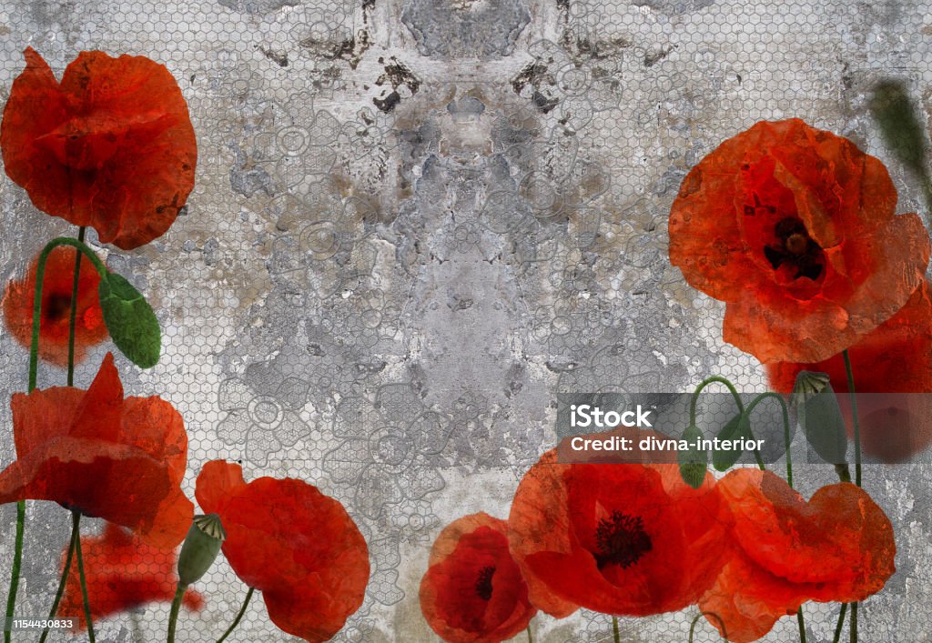 3d Wallpaper Red Poppy On Concrete Wall Textured Background Stock Photo - Download Image Now - iStock 3d Wallpaper Red Poppy On Concrete Wall Textured Background Stock Photo - Download Image Now - iStock