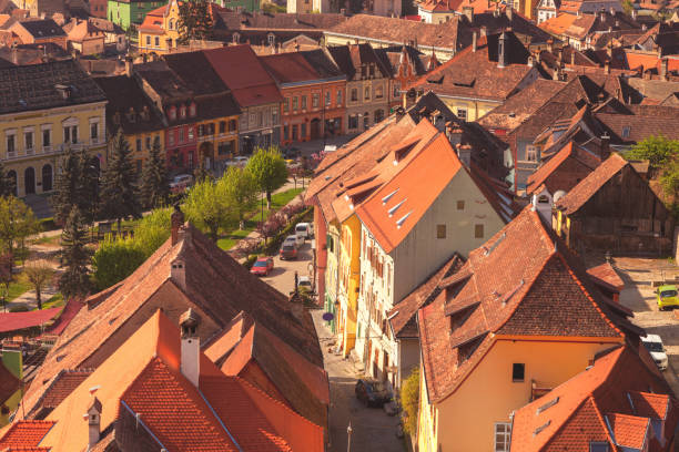 old town of sighisoara - aerial view - sighisoara romania sunlight day imagens e fotografias de stock