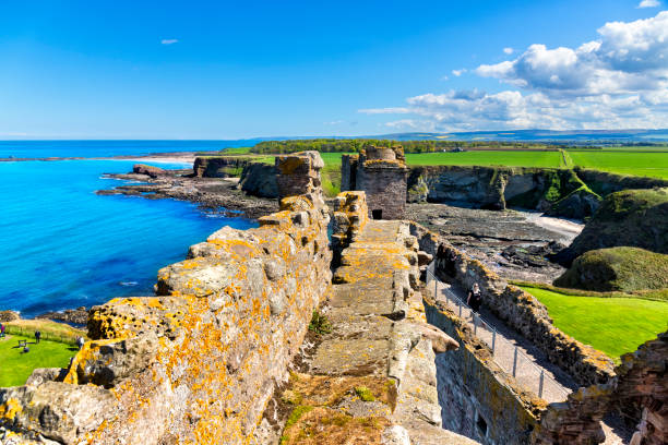 Tantallon Castle, Scotland, UK North Berwick, East Lothian, Scotland - May 11, 2019:View fro the Tantallon Castle to the cliffs and the Firth of Forth, North Berwick, Scotland. Tantallon Castle is a semi-ruined cliff-top fortress dating to the mid-14th century north berwick scotland east lothian castle scotland stock pictures, royalty-free photos & images