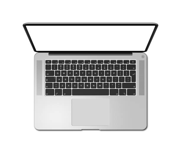 istock Open laptop top view with blank screen, isolated on white. 3D render 1154432259