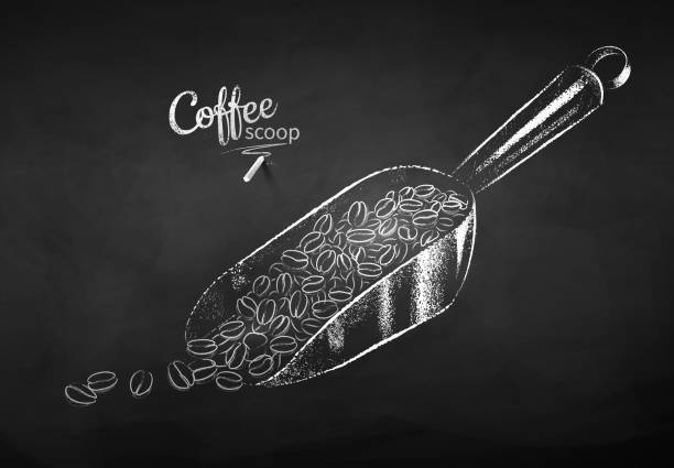 ilustraciones, imágenes clip art, dibujos animados e iconos de stock de vector tiza dibujado boceto de la cuchara de café de metal - coffee bean coffee crop heap backgrounds