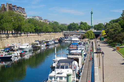Paris, June 2nd, 2019: Port de l'Arsénal with view of the July Column