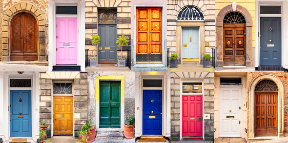 A diverse and multi-coloured mixed collection of doors to apartment buildings and churches from several European locations.