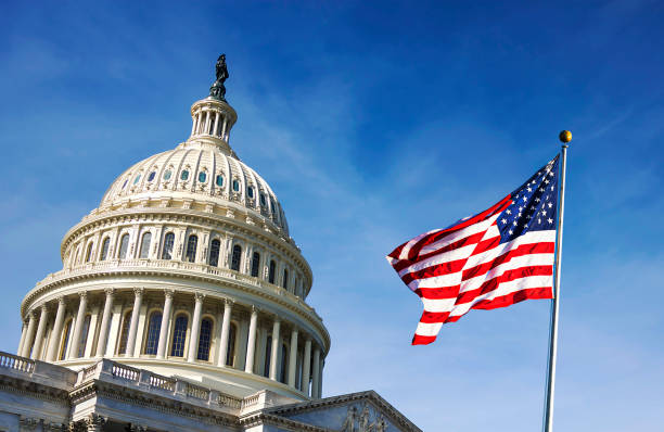 bandera americana saludando con la colina del capitolio - government fotografías e imágenes de stock