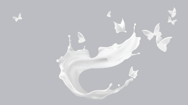 illustrations, cliparts, dessins animés et icônes de éclaboussure de lait, forme de spirale et silhouette de papillon - flying milk