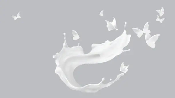 Vector illustration of Milk splash, spiral shape and butterfly silhouette