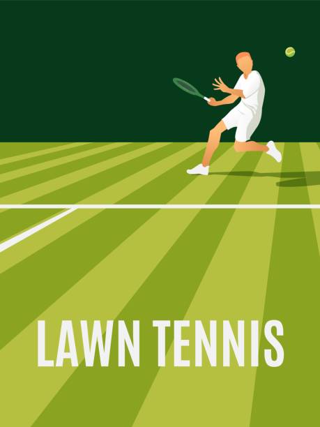 ilustrações de stock, clip art, desenhos animados e ícones de male tennis player returning serve on grass court - quadra desportiva ilustrações