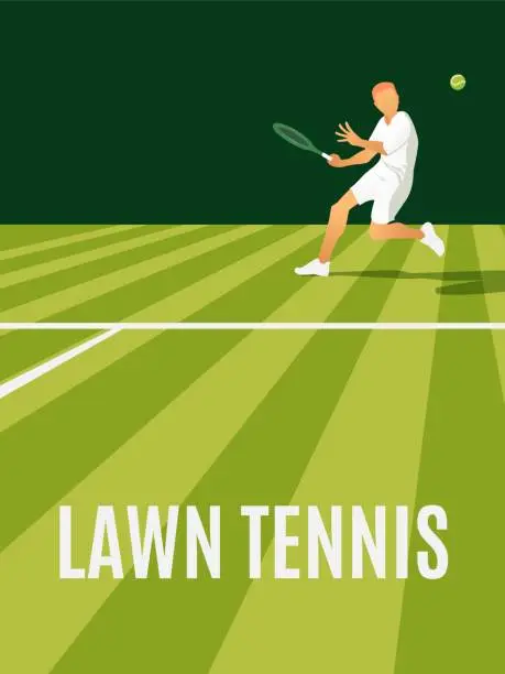 Vector illustration of male tennis player returning serve on grass court