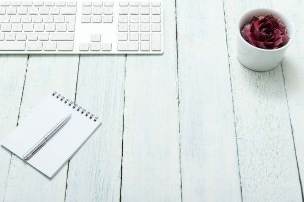 Place of work with succulent work place with keyboard, ring binder, pen and succulent plant white shabby chic desk stock pictures, royalty-free photos & images