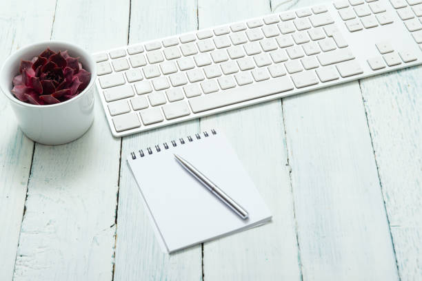 Place of work with succulent work place with keyboard, ring binder, pen and succulent plant white shabby chic desk stock pictures, royalty-free photos & images