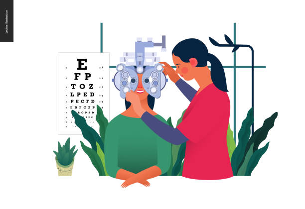 Medical tests template - eye tests and prescription glasses Medical tests template - eye tests and prescription glasses -modern flat vector concept digital illustration of eye test procedure -a female patient and a doctors with phoropter, ophthalmologic office eye doctor and patient stock illustrations