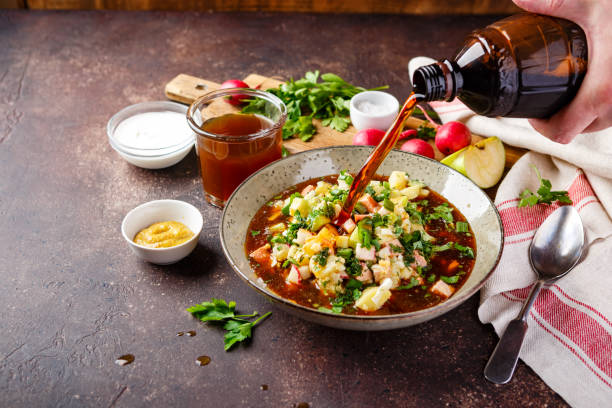 istock Cold Soup Okroshka with sausage, vegetables and kvass 1154445784