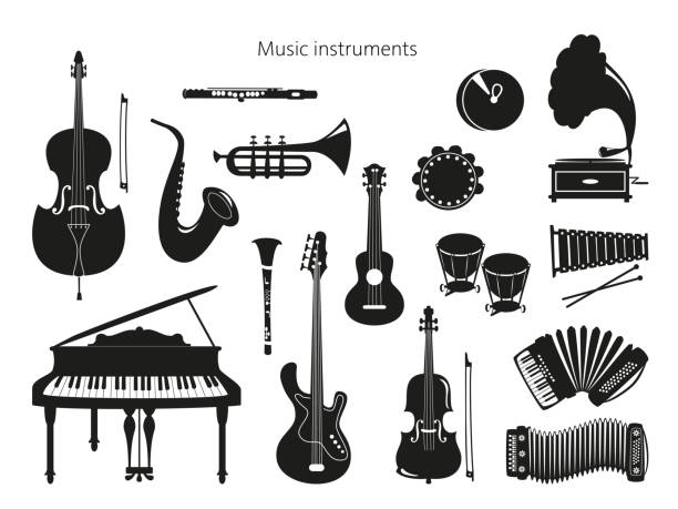 ilustraciones, imágenes clip art, dibujos animados e iconos de stock de conjunto de instrumentos musicales sobre el fondo blanco. - acordeón instrumento