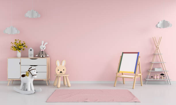 Drawing board and chair in pink child room interior for mockup, 3D rendering