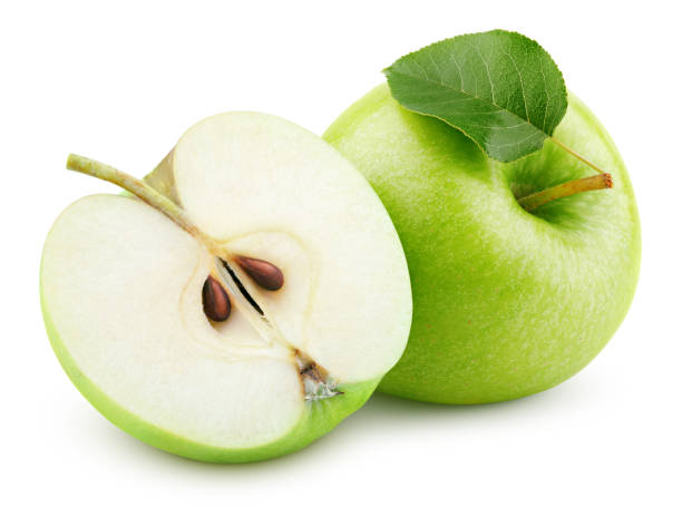 istock Green apple fruit with half and green leaf isolated on white 1154449215