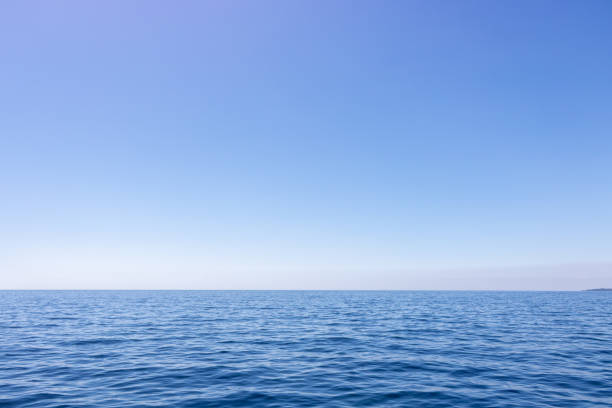 istock Seascape with sea horizon and almost clear deep blue sky 1154455228