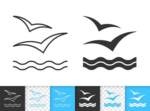 Wave black linear and silhouette icons. Thin line sign of seagull. Sea outline pictogram isolated on white, color, transparent background. Vector Icon shape. Marine simple symbol closeup