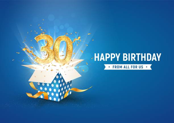 ilustrações de stock, clip art, desenhos animados e ícones de 30 th years anniversary banner with open burst gift box. template thirty birthday celebration and abstract text on blue background vector illustration. - years