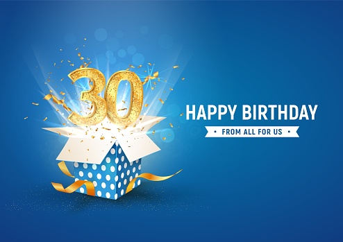 30th years anniversary banner with open burst gift box Template thirty birthday celebration and abstract text on blue background vector illustration