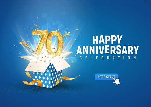 70th years anniversary banner with open burst gift box Template seventieth birthday celebration and abstract text on blue background vector illustration