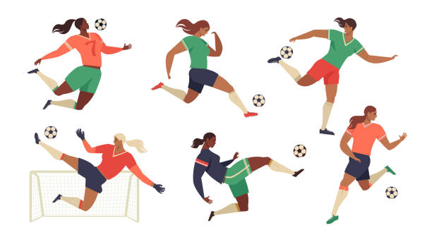 stockillustraties, clipart, cartoons en iconen met women's football soccer spelers cheerleaders fans set van geïsoleerde menselijke figuren met merch merken van favoriete team. - voetbal teamsport illustraties