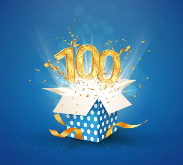 Vector illustration of 100 th years anniversary and open gift box with explosions confetti. Isolated design element. Template hundredth birthday celebration on blue background vector Illustration