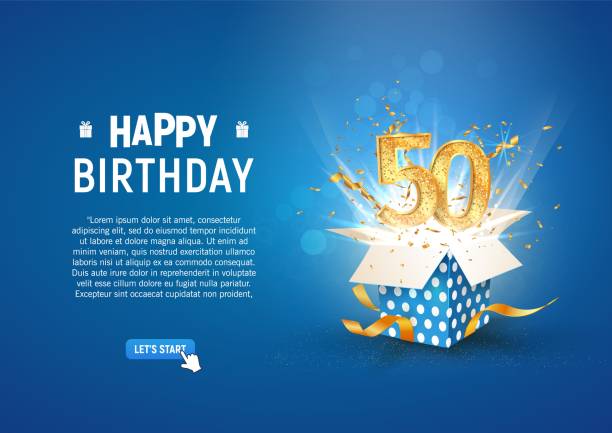 50 th years anniversary banner with open burst gift box. Template fiftieth birthday celebration and abstract text on blue background vector illustration. 50th years anniversary banner with open burst gift box Template fiftieth birthday celebration and abstract text on blue background vector illustration fiftieth stock illustrations