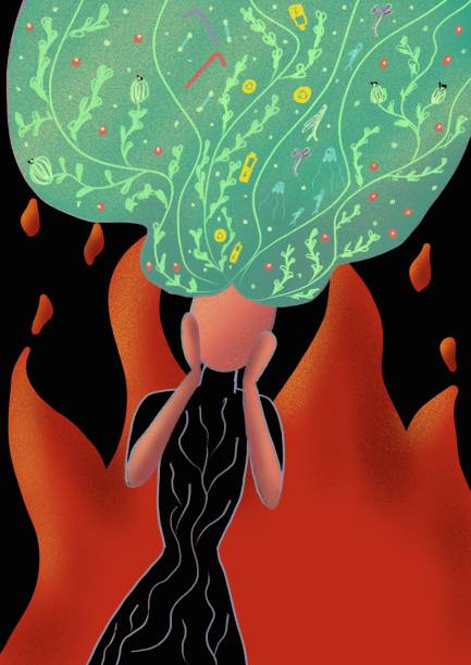 istock Forest fires. Nature is on fire. Cute illustration In modern flat cartoon style.  Ecological catastrophy. Green tree screaming on red fire and black background 1154462476