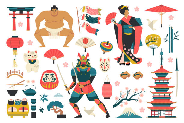 ilustraciones, imágenes clip art, dibujos animados e iconos de stock de conjunto de iconos de objetos tradicionales japoneses. - japón