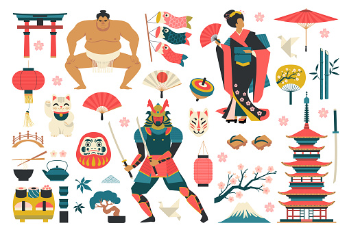 Set of japanese traditional objects icons.