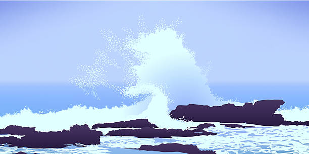 ilustrações, clipart, desenhos animados e ícones de grande oceano pacífico onda quebrando nas rochas - rugged coastline
