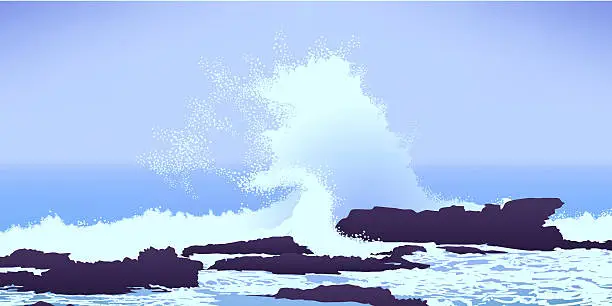 Vector illustration of large Pacific Ocean wave crashing into rocks
