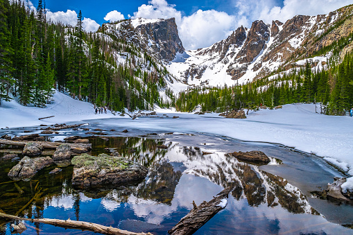 Pine Trees and mountains are reflected in a calm mountain pond in Summit County, Colorado during the summer.  The clear water shows the pond bottom.