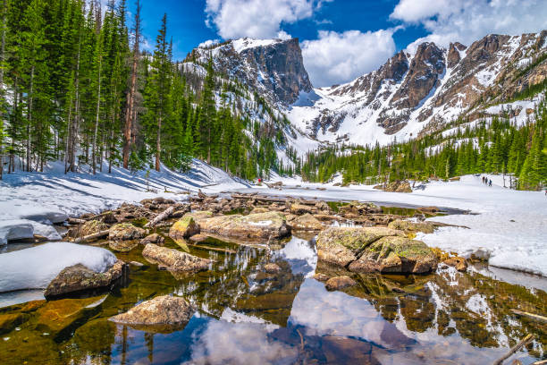 Beautiful Spring Hike to Dream Lake in Rocky Mountain National Park in Estes Park, Colorado stock photo