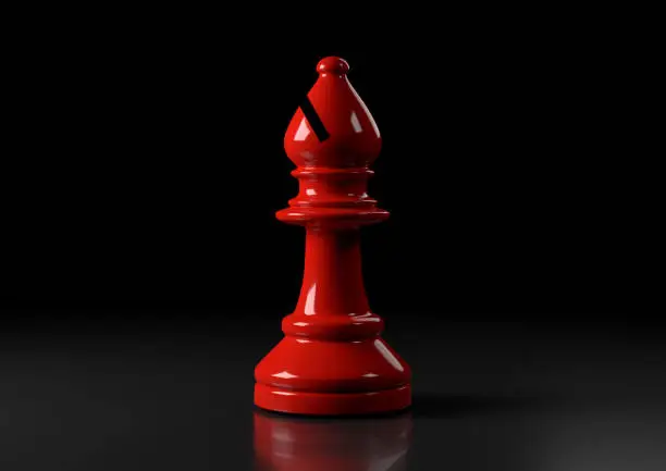 Red bishop chess, standing against black background. Elephant hess game figurine. leader success business concept. Chess pieces. Board games. Strategy games. 3d illustration, 3d rendering