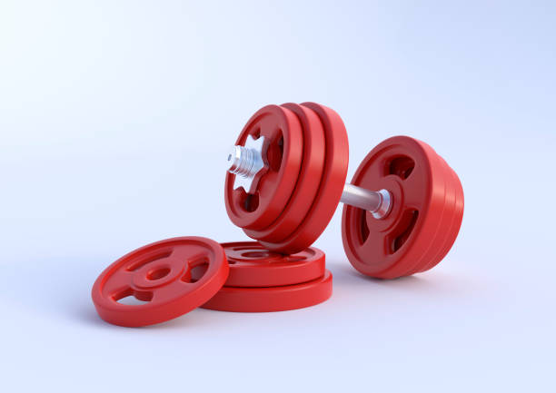 Dumbbell with red plates isolated on white background. Front view with copy space. Creative concept. 3d rendering illustration