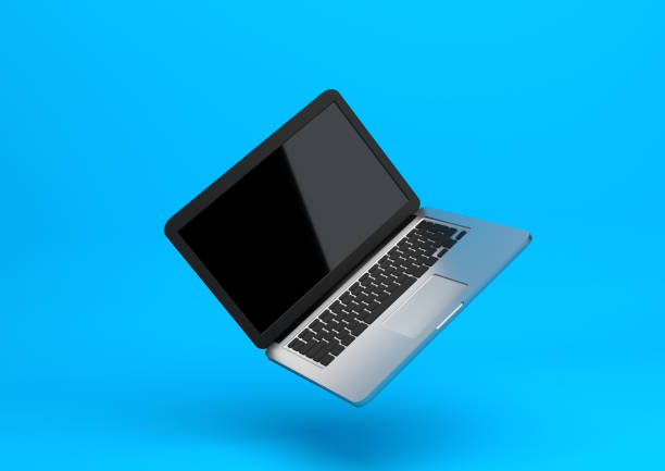 portátil aislado sobre un fondo azul pastel, renderizado en 3d - nobody copy space equipment high up fotografías e imágenes de stock
