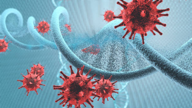 cellule del virus 3d che attaccano un filamento di dna - influenza a virus foto e immagini stock
