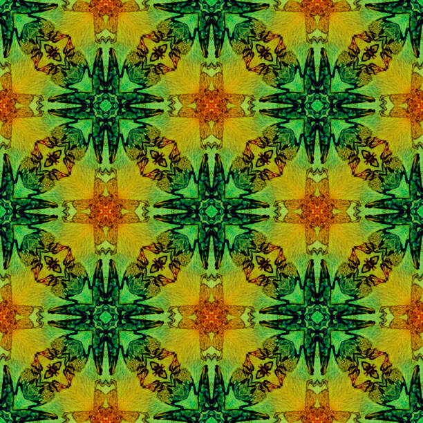 istock Orange green medallion allover seamless pattern. Hand drawn watercolor ornament. 1154474570
