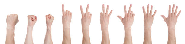 istock Male hands counting from zero to five isolated on white background. Set of multiple images. Collage 1154474780