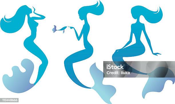 Ilustración de Mermaids Siluetas y más Vectores Libres de Derechos de Sirena - Seres mitológicos acuáticos - Sirena - Seres mitológicos acuáticos, Ilustración, Sentado