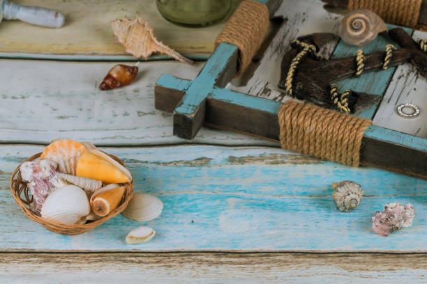 istock Beach accessories on blue plank rest summer vacation 1154488168