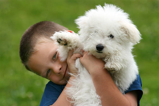 Happy boy bearing a puppy in his arms.