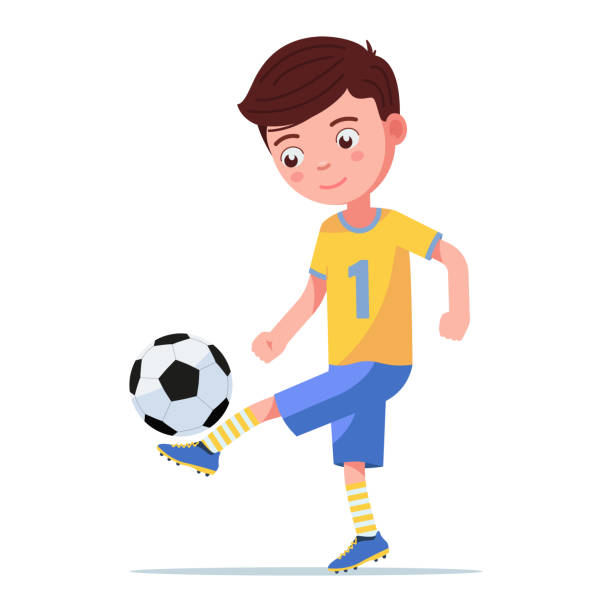 ilustraciones, imágenes clip art, dibujos animados e iconos de stock de niño jugador de fútbol pateando la pelota en su pierna - soccer kicking ball the