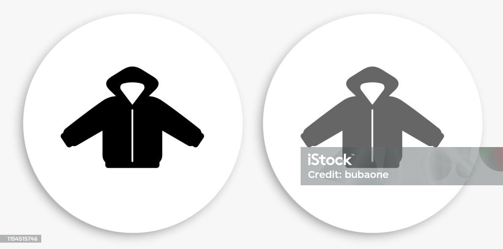 Winter Coat Black and White Round Icon Winter Coat Black and White Round Icon. This 100% royalty free vector illustration is featuring a round button with a drop shadow and the main icon is depicted in black and in grey for a roll-over effect. Black And White stock vector