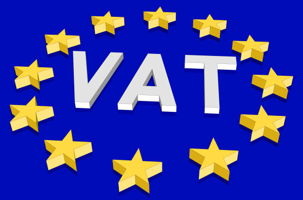 illustrazioni stock, clip art, cartoni animati e icone di tendenza di bandiera isometrica dell'unione europea con stelle 3d in prospettiva e l'acronimo dell'imposta sul valore aggiunto iva. - value added tax