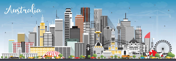 灰色の建物と青空とオーストラリアの都市のスカイライン。 - melbourne skyline australia city点のイラスト素材／クリップアート素材／マンガ素材／アイコン素材